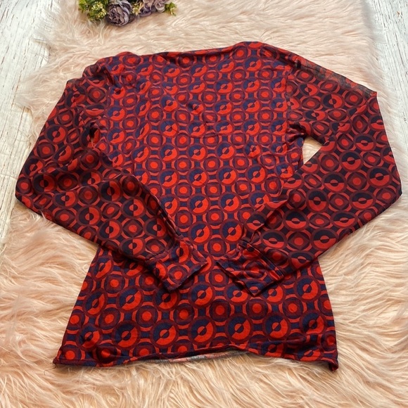 Karen Millen Red Blue Pattern Sheer Sleeve Tie Neck Long Sleeve Top sz 4 - Picture 13 of 13